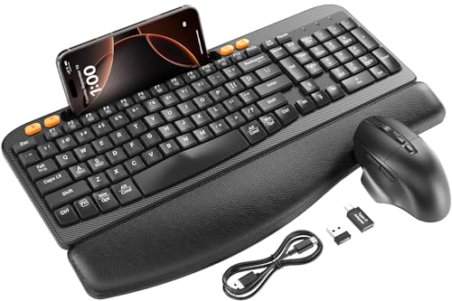 SABLUTE Wireless Keyboard and Mouse Combo Ergonomic Wave Keys Cushioned Palm Rest Rechargeable Phone Holder Natural Typing 24G LagFree MA22 Plus Full Size Keyboards Set for WindowsMac SABLUTE - Image 1