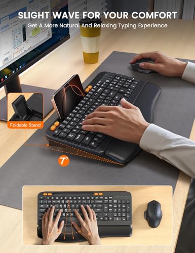 SABLUTE Wireless Keyboard and Mouse Combo Ergonomic Wave Keys Cushioned Palm Rest Rechargeable Phone Holder Natural Typing 24G LagFree MA22 Plus Full Size Keyboards Set for WindowsMac SABLUTE - Image 3