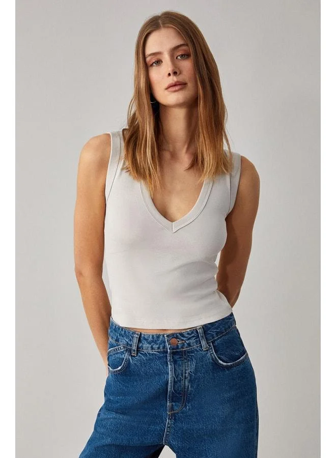 GRIMELANGE Lescosa Women's Slim V-Neck Sleeveless Stone Color Blouse.