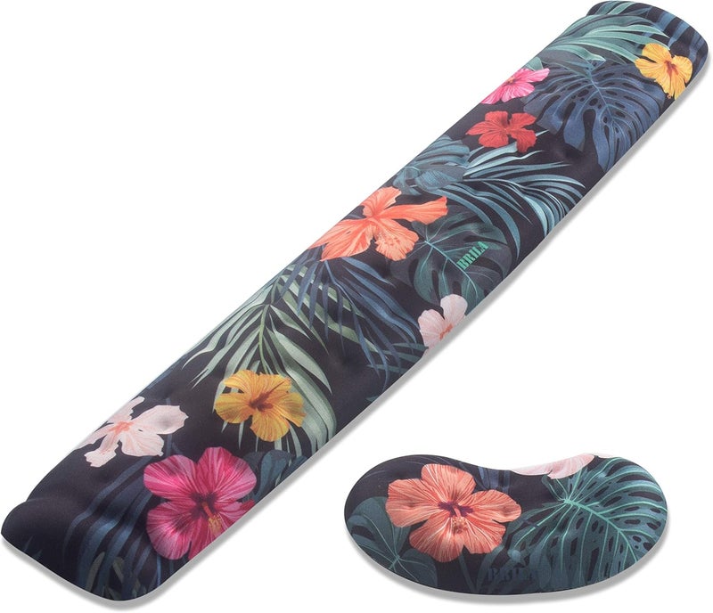 BRILA Memory Foam Mouse & Keyboard Wrist Rest Support Pad Cushion Set for Computer, Laptop, Office Work, PC Gaming - Massage Holes Design - Easy Typing Wrist Pain Relief (Floral Leaves) - Image 1