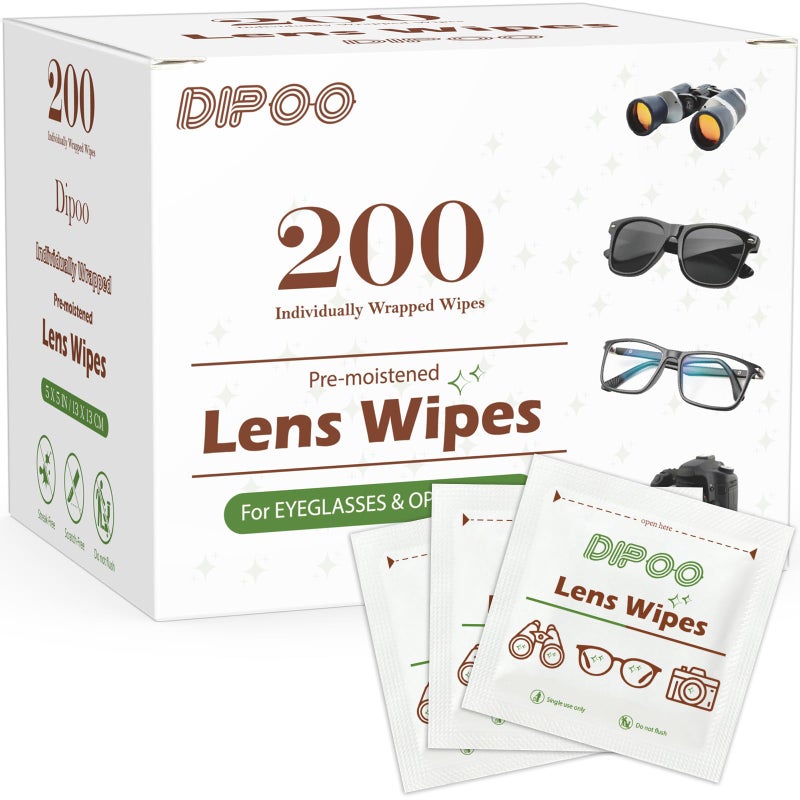 200 Count Lens Wipes for Eyeglasses Eye Glasses Cleaner Wipes Premoistened Individually Wrapped SracthFree StreakFree Eyeglasses Cleaning for Sunglass Camera Lens Goggles