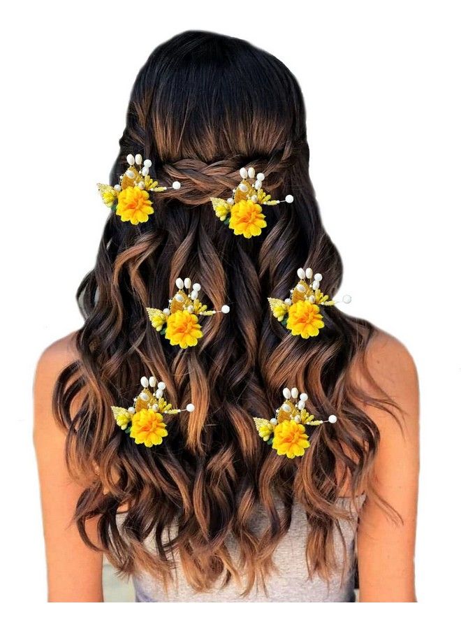 Hair Flare زهرة صناعية مع دبوس شعر لؤلؤي/ مشبك شعر/ دبوس جانبي/ دبوس مشط/ إكسسوارات شعر/ جودابين للنساء والفتيات 2397 أصفر - Image 2