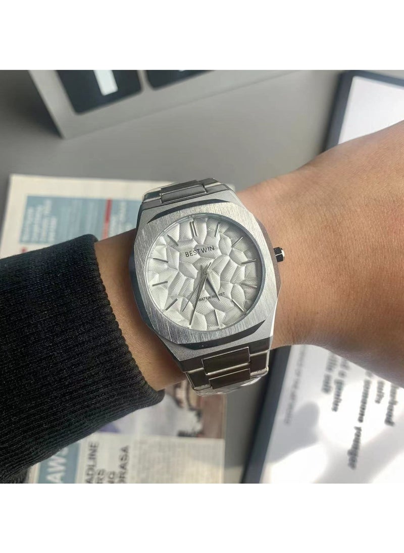 Bestwin - Large relief dial quartz watch steel band retro small square watch - Image 1