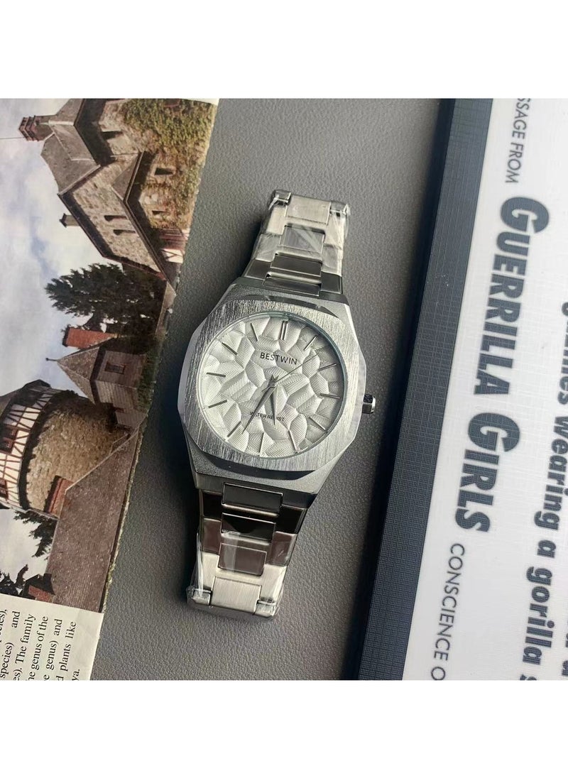 Bestwin - Large relief dial quartz watch steel band retro small square watch - Image 1