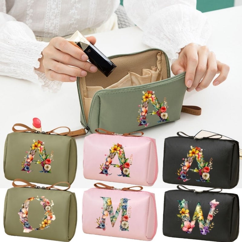 Black Floral Letter Mini Makeup Bag With 26 Letters Travel Cosmetics Pouch - Image 1