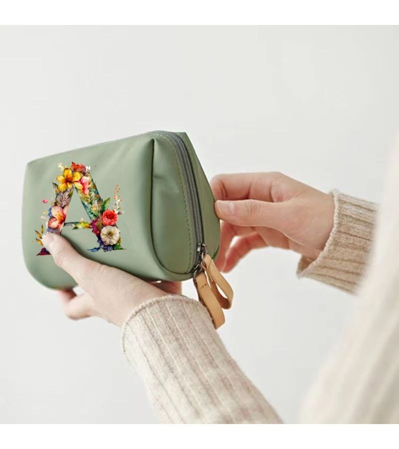 Black Floral Letter Mini Makeup Bag With 26 Letters Travel Cosmetics Pouch - Image 2