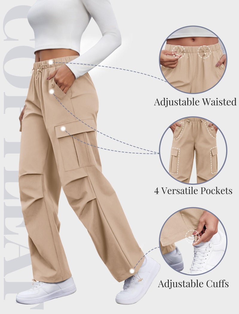 COPYLEAF Cargo Pants Women Elastic Waisted Parachute Hiking Pants with Pockets Water Resistant Lightweight Baggy Pants(Light Khaki M) - Image 5
