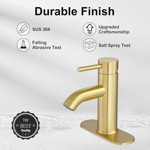 VOTON Brushed Gold Bathroom Faucets, Modern Single Hole Lavatory Vanity Faucet, Single Handle Bathroom Sink,Faucet, Faucet for Bathroom Sink with Deck Plate and Supply Hoses - Image 3