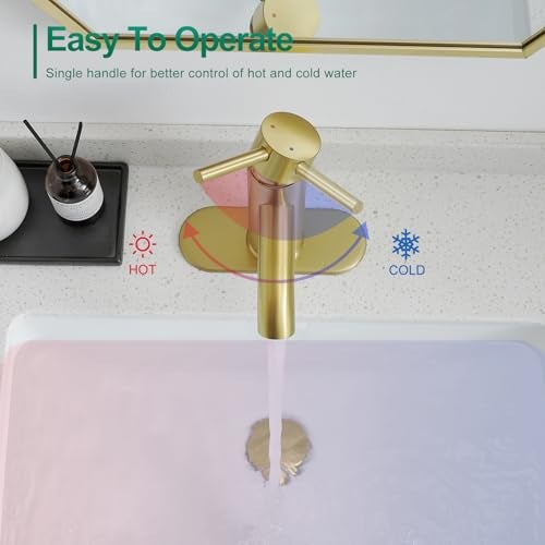 VOTON Brushed Gold Bathroom Faucets, Modern Single Hole Lavatory Vanity Faucet, Single Handle Bathroom Sink,Faucet, Faucet for Bathroom Sink with Deck Plate and Supply Hoses - Image 4