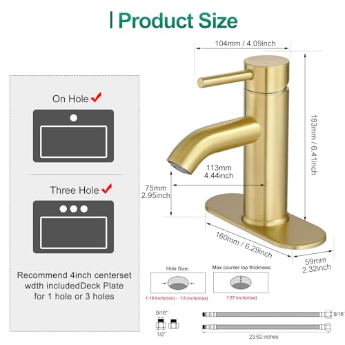 VOTON Brushed Gold Bathroom Faucets, Modern Single Hole Lavatory Vanity Faucet, Single Handle Bathroom Sink,Faucet, Faucet for Bathroom Sink with Deck Plate and Supply Hoses - Image 5