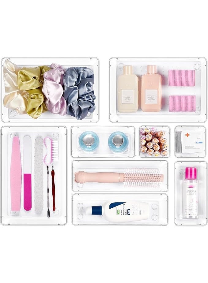 9 PCS 4 Size Clear Drawer Organiser Set | Plastic Desk Storage Boxes with Non-Slip Pad, Acrylic Vanity Organizer Tray for Makeup Office Kitchen Bedroom Bathroom - Image 1