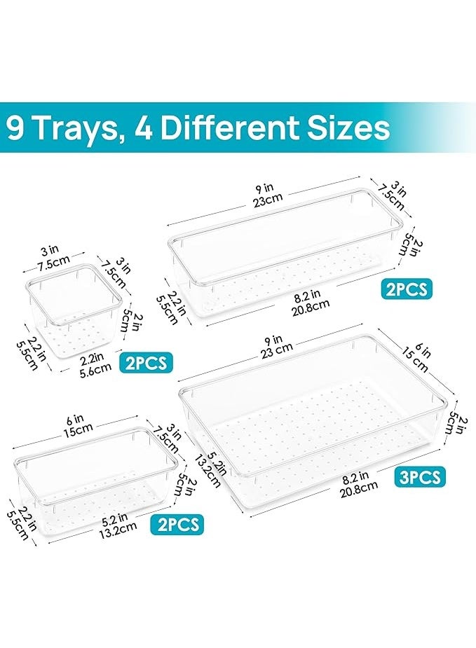 9 PCS 4 Size Clear Drawer Organiser Set | Plastic Desk Storage Boxes with Non-Slip Pad, Acrylic Vanity Organizer Tray for Makeup Office Kitchen Bedroom Bathroom - Image 5