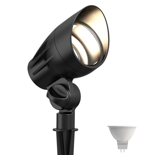GOODSMANN Low Voltage Spotlights Landscape Lighting 5W LED Outdoor Floodlights 2700K Warm White Replaceable LED Outside Hardwired Lighting with Metal Stake Cable Connector - Image 1