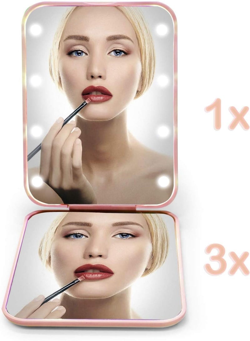 Pocket Mirror, LED Makeup Mirror, 1X/3X Magnification, Compact Mirror with Light, Pocket Mirror, Foldable Handheld Mirror, Compact Mirror with Light for Gift, Pink - Image 4