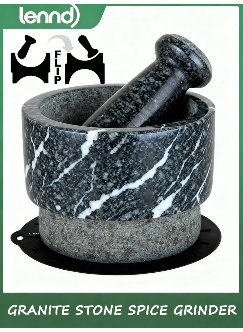LENND Mortar and Pestle Large Set - Black Granite Stone Spice Grinder, 2.1 Cup Capacity, 14cm - Reversible Molcajete Mexicano - Guacamole, Spices - Large Mortar and Pestles Set - Image 1