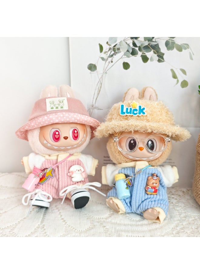 The First And Second Generation Labubu Sit Party Doll Pendant Doll Labubu Clothes Climbing Jumpsuit Plush Suit-Specifications:The First And Second Generation Labubu Baby Clothes Clothes [no Doll]-Color:[blue Hat Five-piece Set] Blue Baby Clothes + Hat + Shoes + Glasses + Kettle  - Image 3