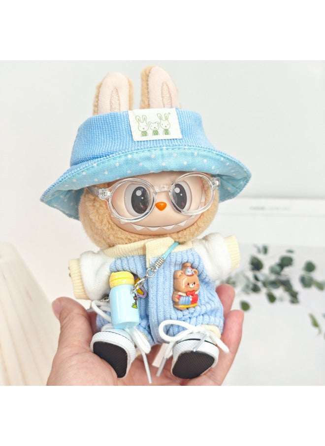 The First And Second Generation Labubu Sit Party Doll Pendant Doll Labubu Clothes Climbing Jumpsuit Plush Suit-Specifications:The First And Second Generation Labubu Baby Clothes Clothes [no Doll]-Color:[blue Hat Five-piece Set] Blue Baby Clothes + Hat + Shoes + Glasses + Kettle  - Image 4