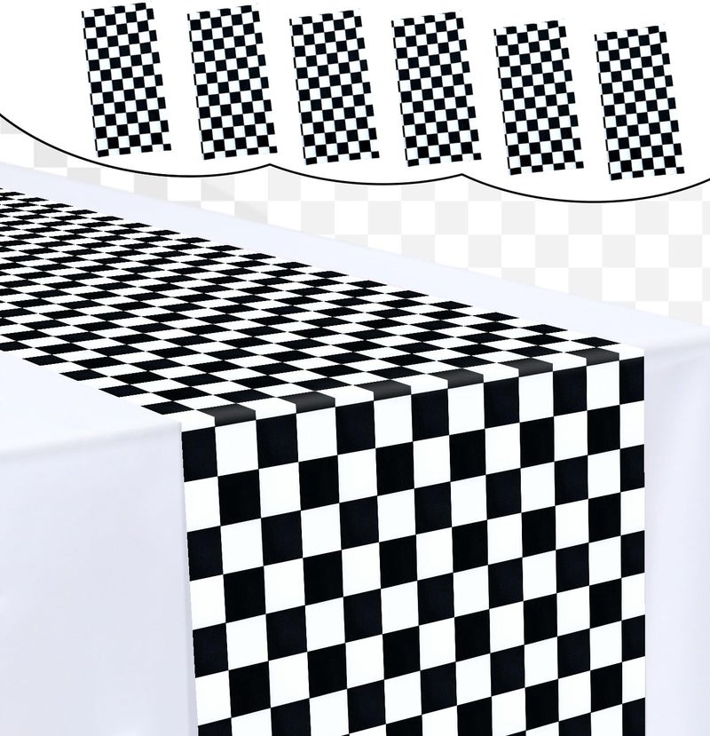MUNILAIL 6 Pcs Black and White Checkered Table Runner 14 x 108 Plastic Table Runner for Race Car Theme Party Birthday Baby Shower Disposable Table Runner - Image 1