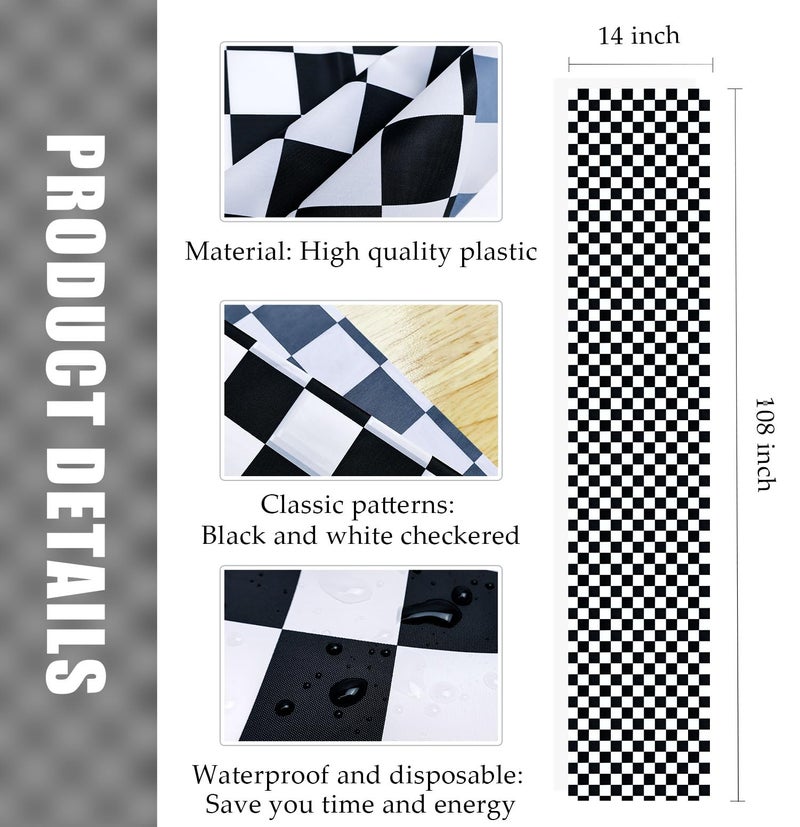 MUNILAIL 6 Pcs Black and White Checkered Table Runner 14 x 108 Plastic Table Runner for Race Car Theme Party Birthday Baby Shower Disposable Table Runner - Image 2