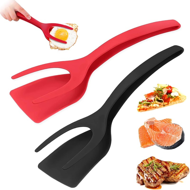 KJG Egg Flipper Spatula 2 PCS 2 in 1 Grip and Flip Spatula Tongs Spatulas for Kitchen use Eggflipper Spatulaflipper Eggturner Pancake Fish French Toast Omelet Making for Home Cooking Tool (black and red) - Image 1