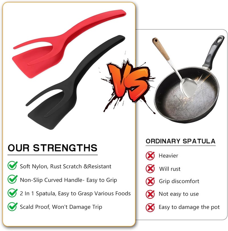 KJG Egg Flipper Spatula 2 PCS 2 in 1 Grip and Flip Spatula Tongs Spatulas for Kitchen use Eggflipper Spatulaflipper Eggturner Pancake Fish French Toast Omelet Making for Home Cooking Tool (black and red) - Image 2