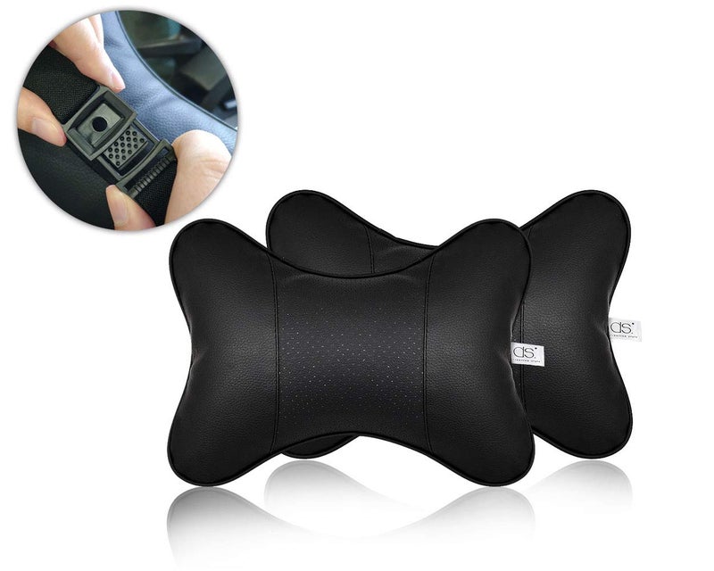 DS.DISTINCTIVE STYLE DS. DISTINCTIVE STYLE Car Neck Pillow 2 Pieces PU Leather Travel Pillow for Head Rest with Buckle Neck Support for Car Seat - Black - Image 3