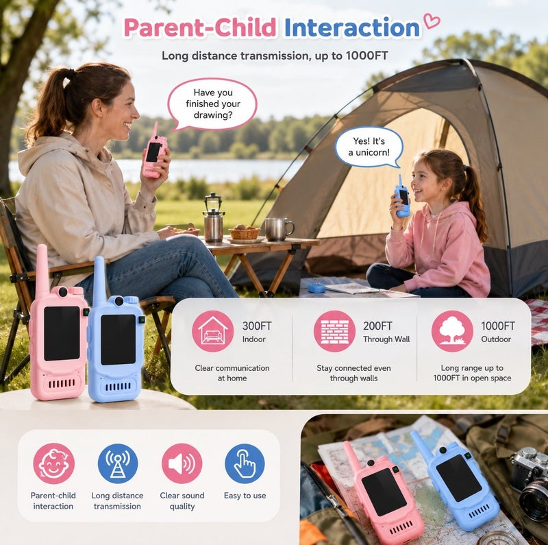 Hello Kids Video Communication Toy Set (2 Pack), Real-Time Face-to-Face Video Chat with LCD Screen & Front Camera, No WiFi or SIM Required, USB Rechargeable, Indoor & Outdoor Adventure Toy, Perfect Gift for Boys & Girls Ages 3-12, Blue & Pink - Image 3