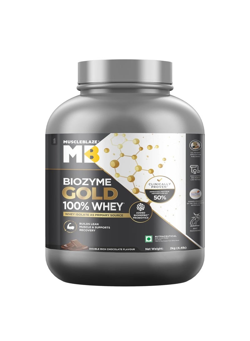 مسل بلايز مسحوق بروتين مصل اللبن MuscleBlaze Biozyme Gold (نقي بنسبة 100%)، بنكهة الشوكولاتة الغنية (2 كجم / 4.4 رطل) | 26 جم بروتين لكل مكيال | بروتين مصل اللبن المعزول (Whey Isolate) كمصدر أساسي للبروتين - Image 1