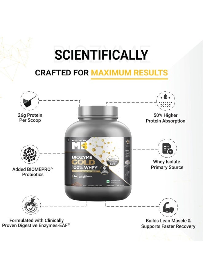 مسل بلايز مسحوق بروتين مصل اللبن MuscleBlaze Biozyme Gold (نقي بنسبة 100%)، بنكهة الشوكولاتة الغنية (2 كجم / 4.4 رطل) | 26 جم بروتين لكل مكيال | بروتين مصل اللبن المعزول (Whey Isolate) كمصدر أساسي للبروتين - Image 2