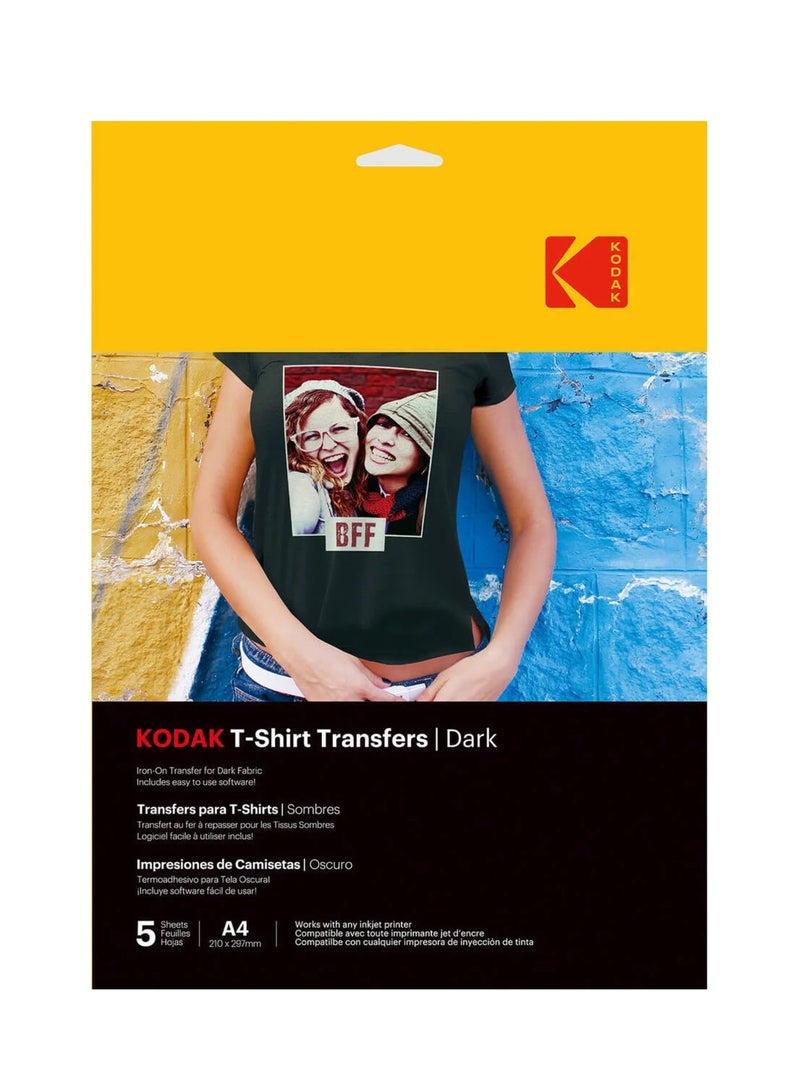 كوداك ورق نقل حراري للقمصان مقاس A4 للأقمشة الداكنة، قابل للكي، متوافق مع طابعات الحبر، 5 أوراق - Image 1