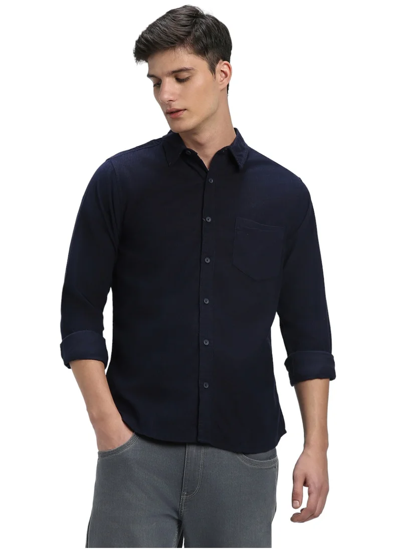 Dennis Lingo Men's Navy 100% Cotton Solid Pattern Slim FiT-Shirt