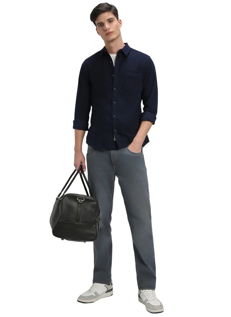 Dennis Lingo Men's Navy 100% Cotton Solid Pattern Slim FiT-Shirt