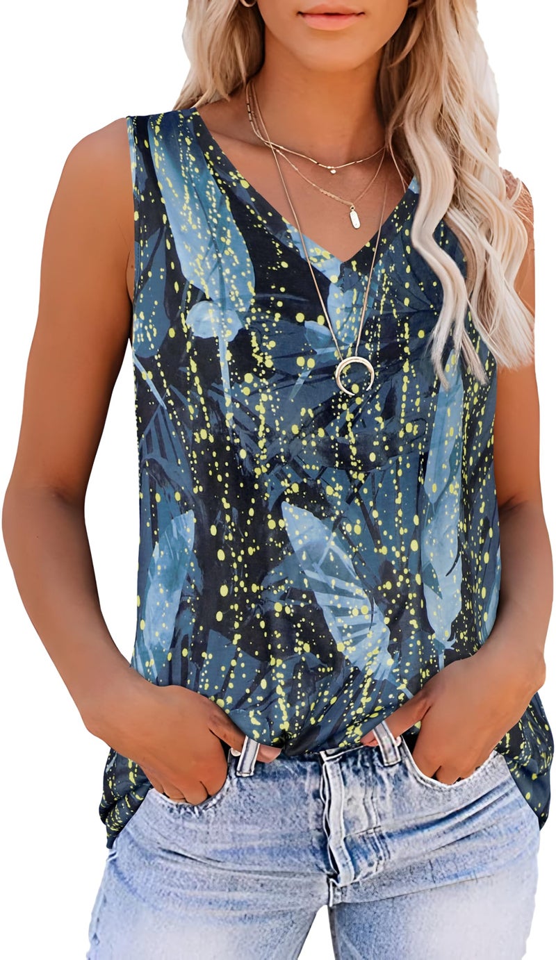 rosemia Sleeveless Tops for Women V Neck T Shirts Summer Casual Loose Tunic Blouses(Cadet Blue, L) - Image 1