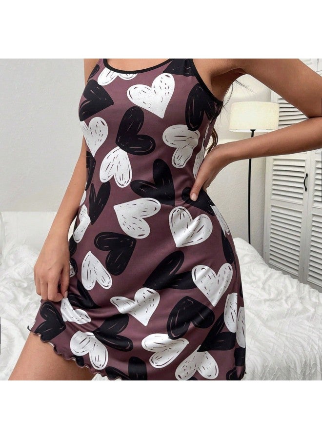 European And American Summer Thin Home Wear Camisole Short Dress Heart Cartoon Cute Print Pajamas