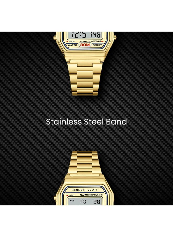 كينيث سكوت Men's  Digital Display Watch With Gold Stainless Steel Strap - K25206-GBGC
