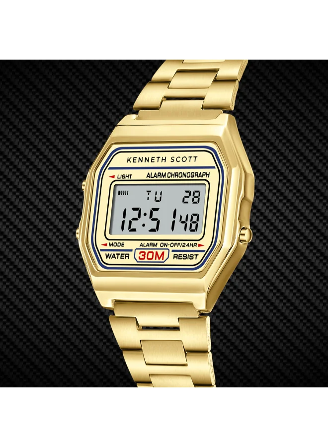 كينيث سكوت Men's  Digital Display Watch With Gold Stainless Steel Strap - K25206-GBGC