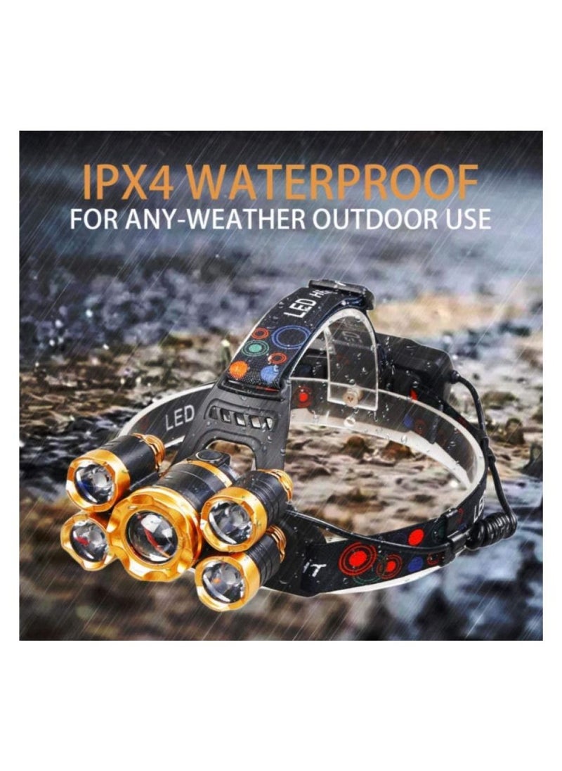 Alissa - Super Bright 5 X T6 LED Headlamp Head Torch Lamp Rechargeable USB 4Modes Zoomable Headlight for Fishing Camping Waterproof Flashlight - Image 1