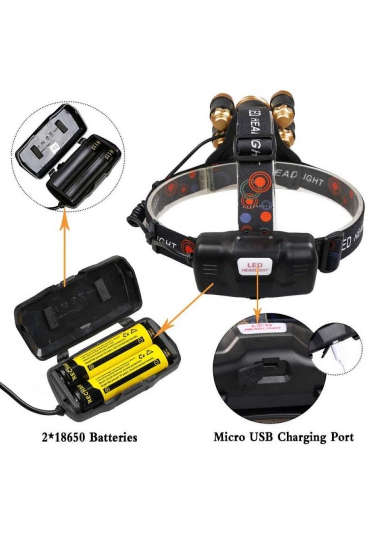 Alissa - Super Bright 5 X T6 LED Headlamp Head Torch Lamp Rechargeable USB 4Modes Zoomable Headlight for Fishing Camping Waterproof Flashlight - Image 1