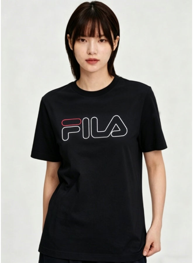 FILA Outline Logo Crew Neck T-Shirt, Black Cotton Casual Tee-XXXXXL - Image 2