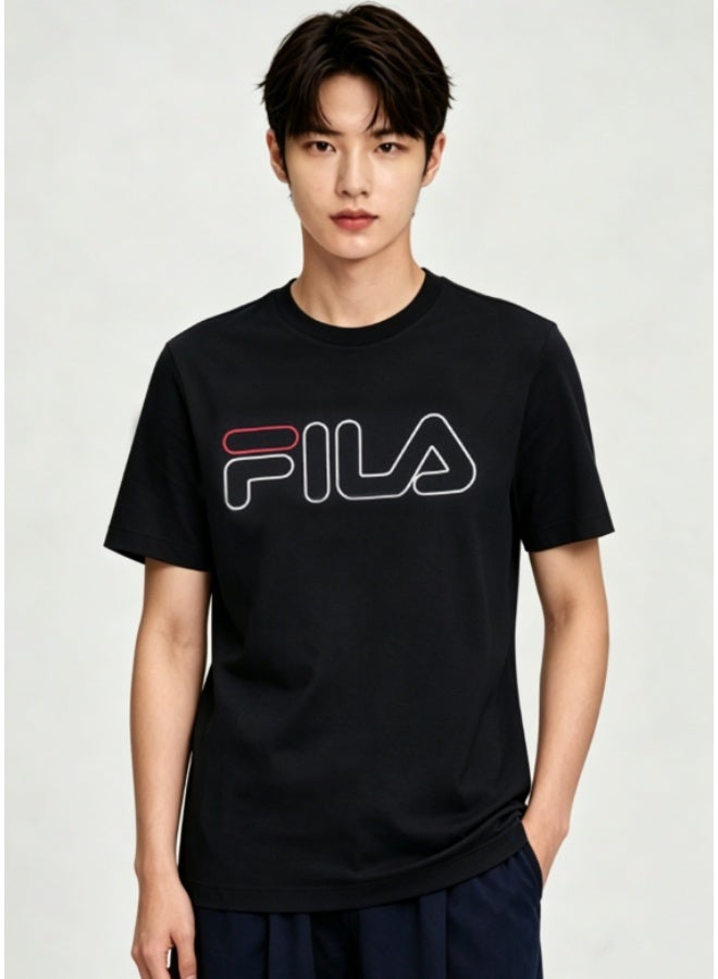 FILA Outline Logo Crew Neck T-Shirt, Black Cotton Casual Tee-XXXXXL - Image 1