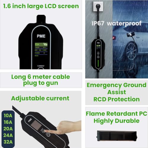 PME Portable EV Charger 7.2kW for Cars, 6m Cable, Large LCD, Adjustable Current, 32A (1 Phase), All in-Built protections | Model: HyperCharge, IP67 Waterproof (7.2kW) - Image 4