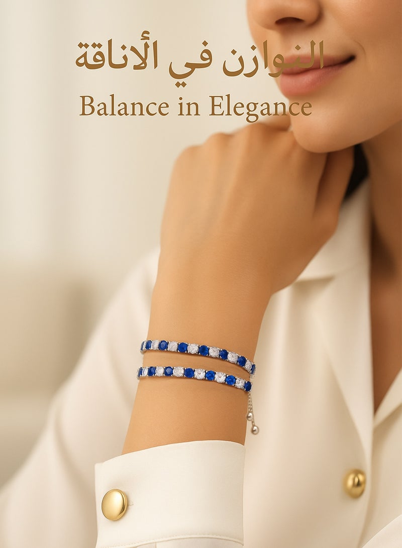 فوريكاسا سوار تنس زركون أزرق وأبيض | نحاس مطلي بالذهب الأبيض عيار 18 | بطول قابل للتعديل 16–24 سم + سوار ثابت 19 سم | علبة هدية فاخرة - Image 2