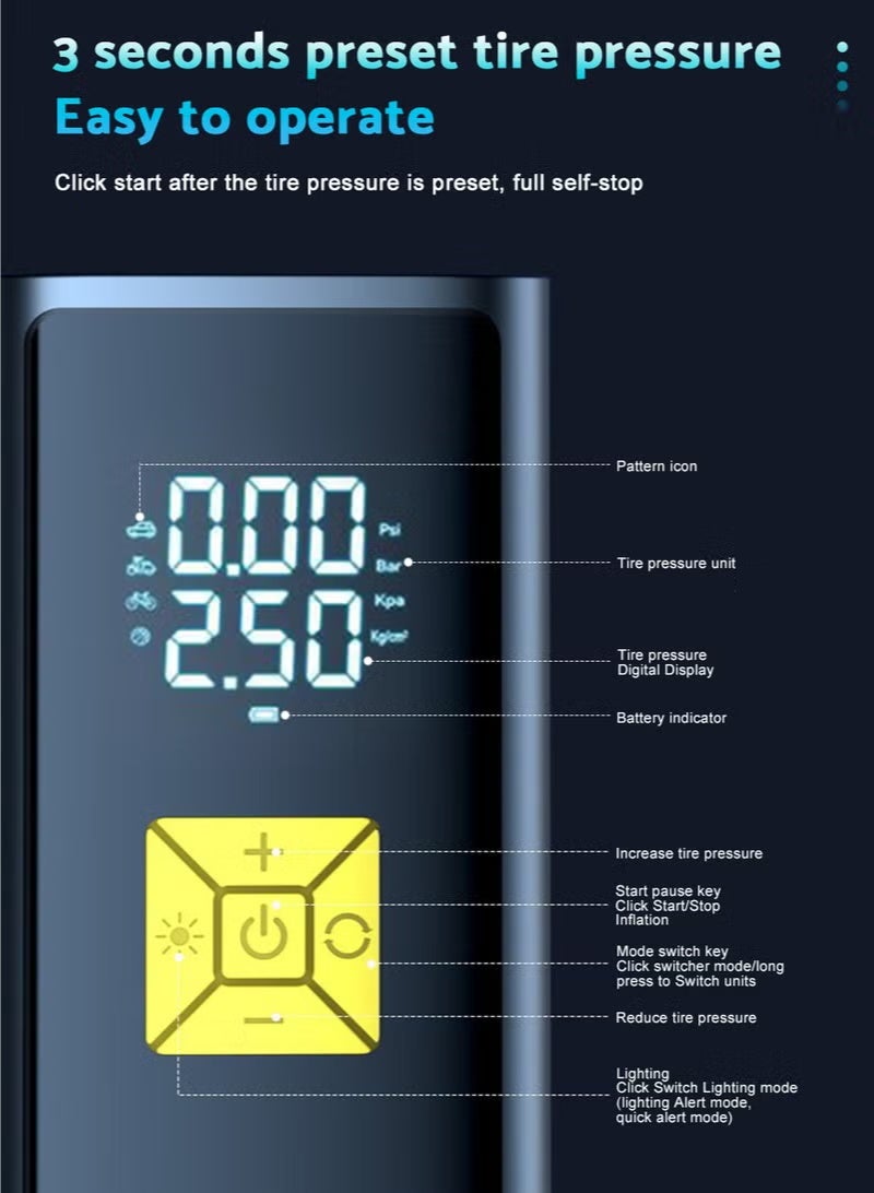 TUNKE Car Air Pump Car Tyre Inflator Air Compressor with Auto Stop and LED Light Fast Portable Air Pump 150 PSI Fast Inflation with LCD Dual Screen for Car Bicycle Motorcycle Ball Air Mattress - Image 3