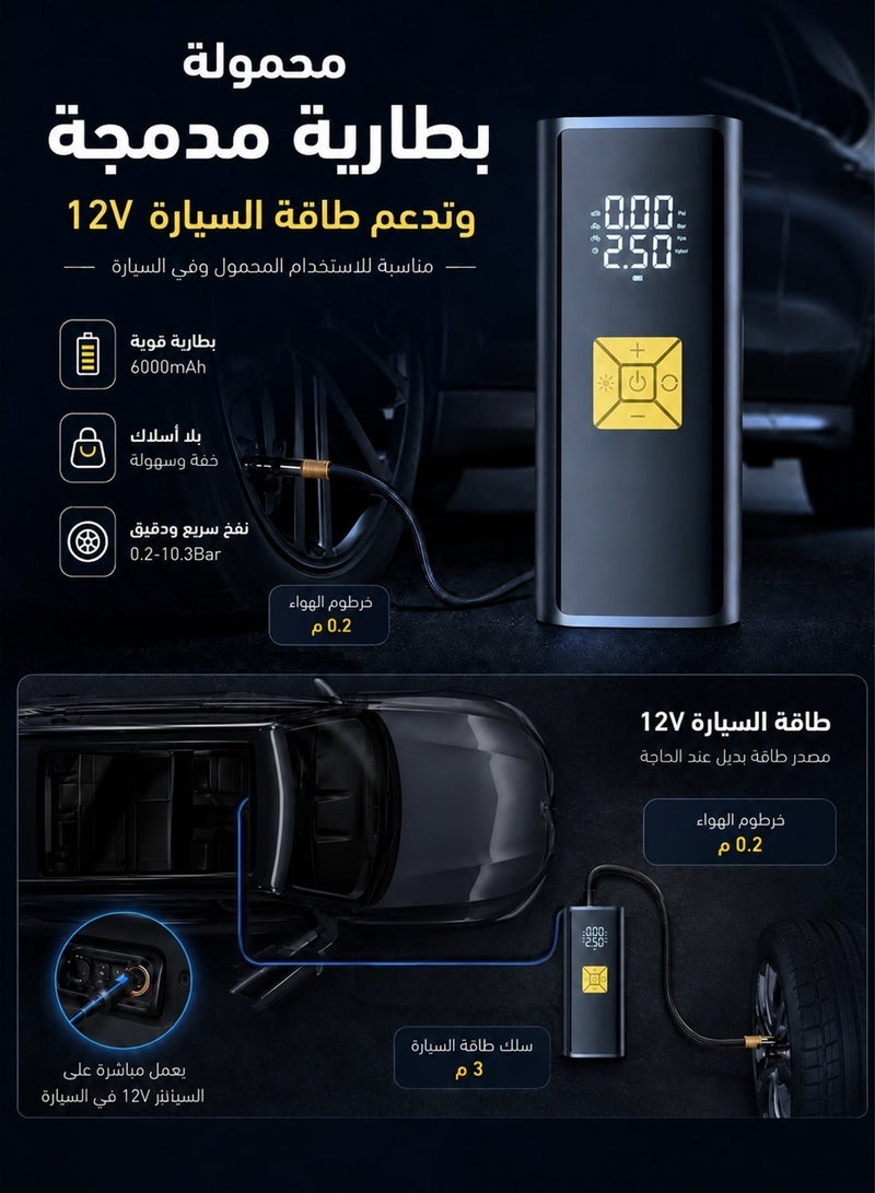 سويتو منفاخ هواء للسيارة لاسلكي وقابل للشحن، ضاغط هواء للإطارات بضغط 150 PSI مع إيقاف تلقائي وإضاءة LED وشاشة LCD رقمية، طريقتا تشغيل للسيارة والدراجة النارية والهوائية والكرات - Image 5