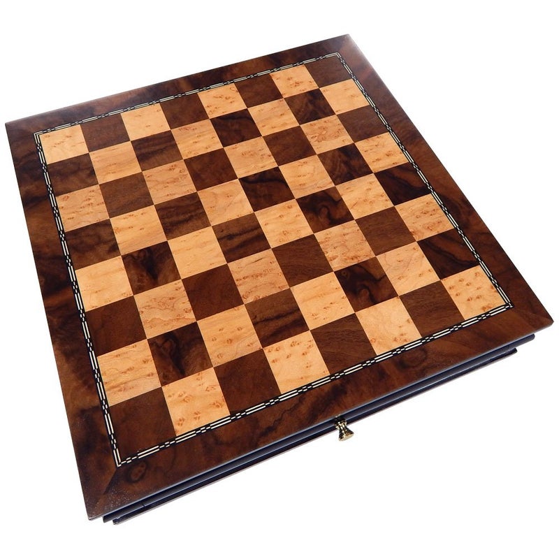 Vada Burl Wood Inlaid Chess Cabinet with Drawer Medium 13 x 13 Inch Set Board Only No Pieces