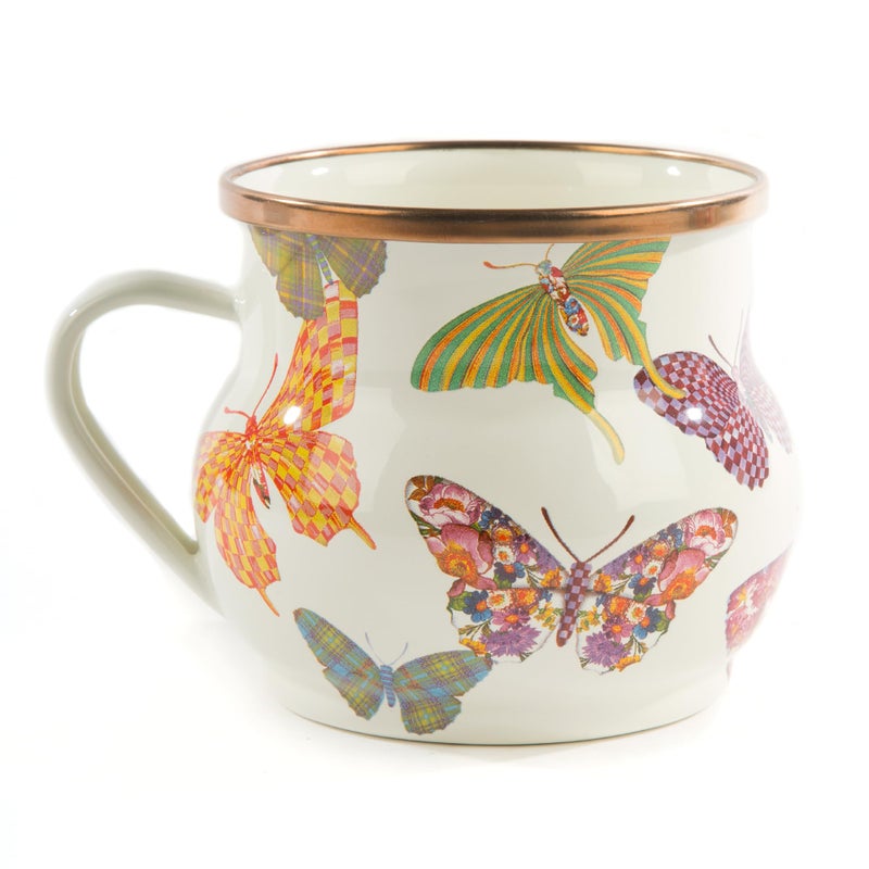 MACKENZIECHILDS Enamel Mug Cute Enamelware Coffee and Tea Mug Unique Drinkware 16 Ounces Butterfly Garden Set of 1