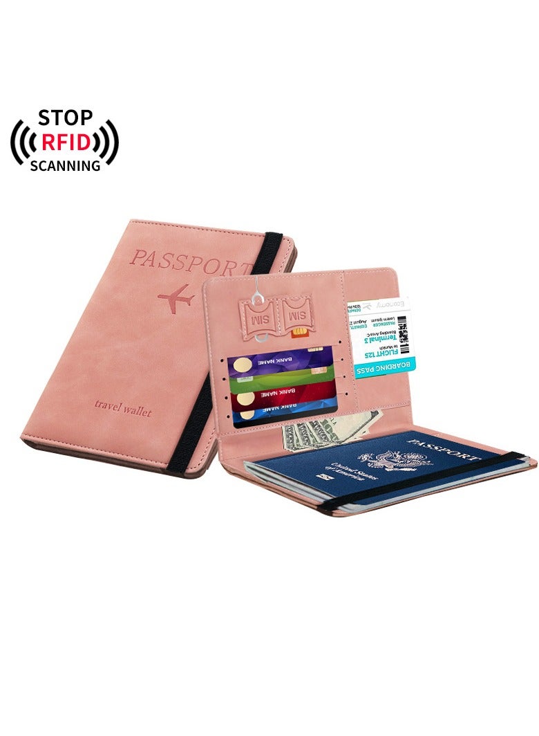 حامل جواز السفر واقي غطاء مع حزام مرن، جلد صناعي مانع RFID منظم واقي للمستندات، لبطاقات الائتمان والهوية، بطاقات الصعود (وردي) - Image 3