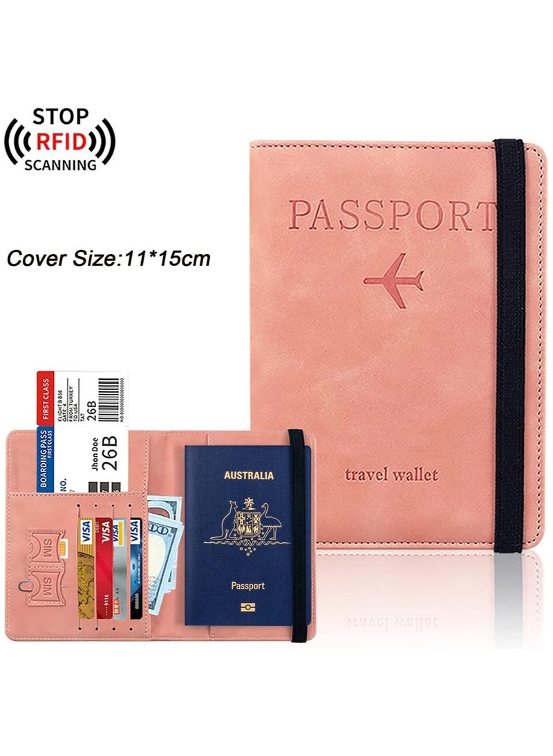 حامل جواز السفر واقي غطاء مع حزام مرن، جلد صناعي مانع RFID منظم واقي للمستندات، لبطاقات الائتمان والهوية، بطاقات الصعود (وردي) - Image 1