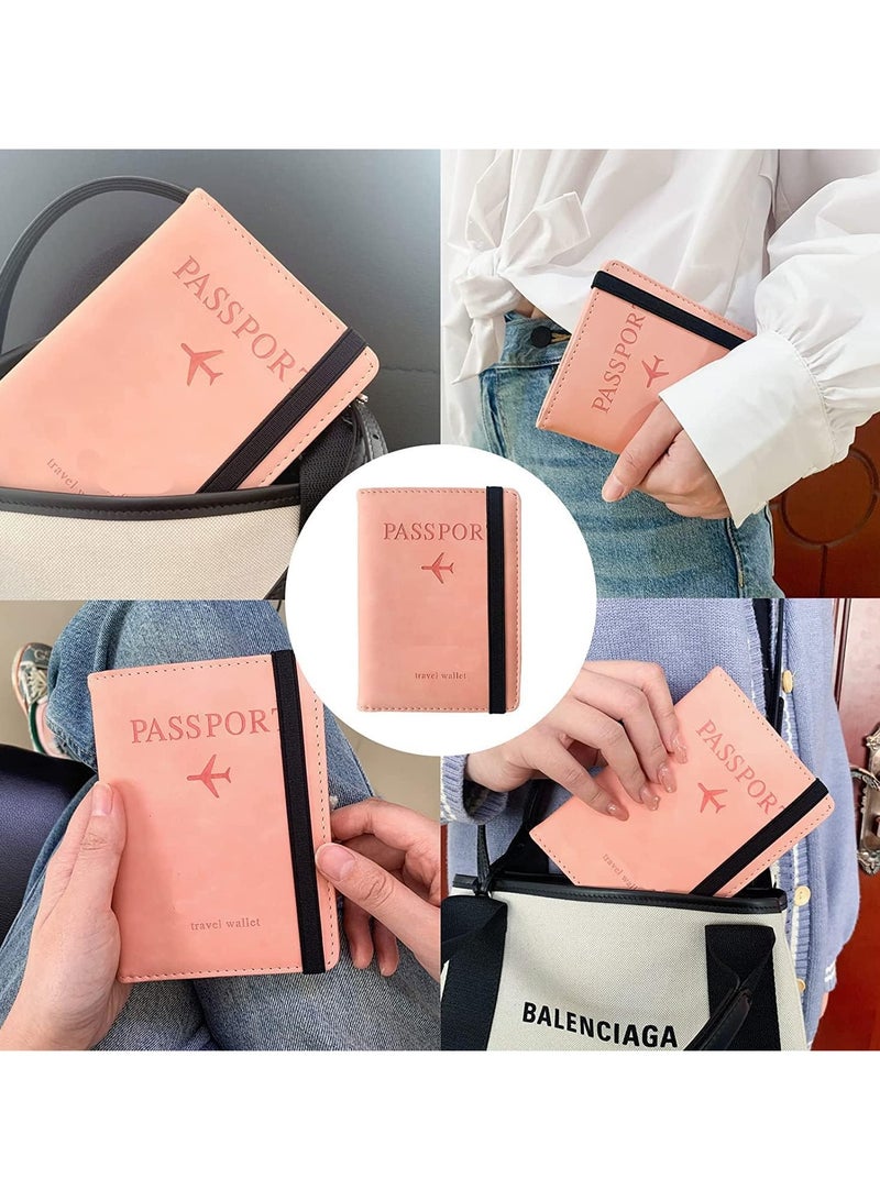 حامل جواز السفر واقي غطاء مع حزام مرن، جلد صناعي مانع RFID منظم واقي للمستندات، لبطاقات الائتمان والهوية، بطاقات الصعود (وردي) - Image 5