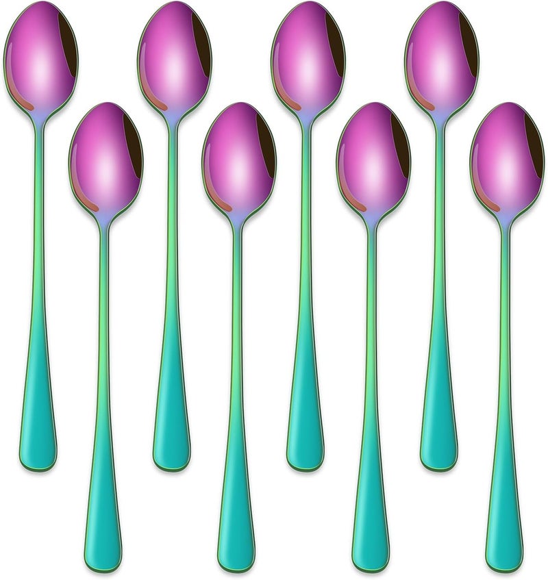 Dehov 7.5 Inches Rainbow Stainless Steel Ice Tea Spoon,Set Of 8 Long Handle Coffee Stirring Spoons,Multicolored Sundae Spoons,Colorful Cocktail Mixing Spoon - Image 1